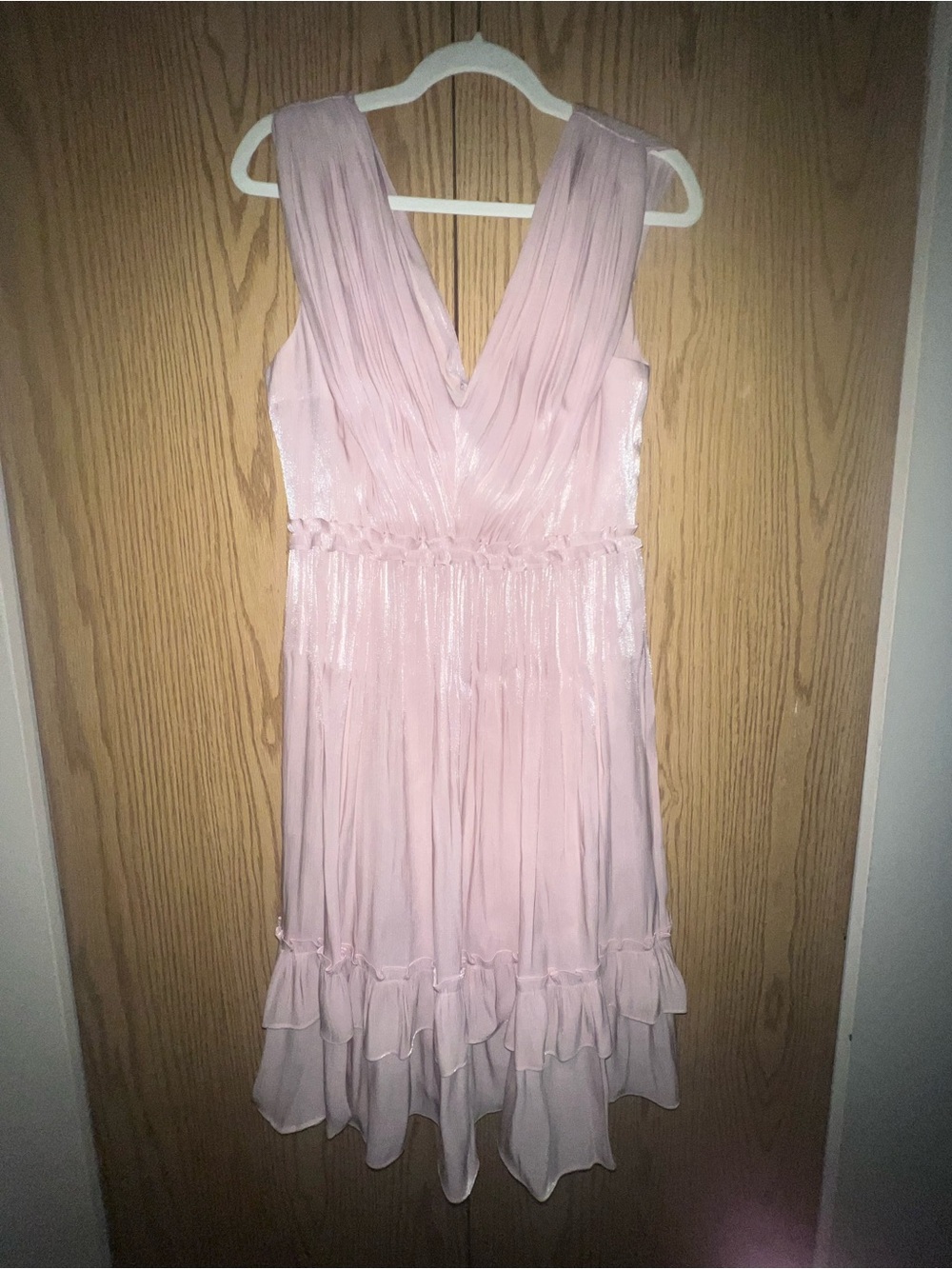 BCBG Blush Pink V-Neck Ruffle Hem Midi Dress